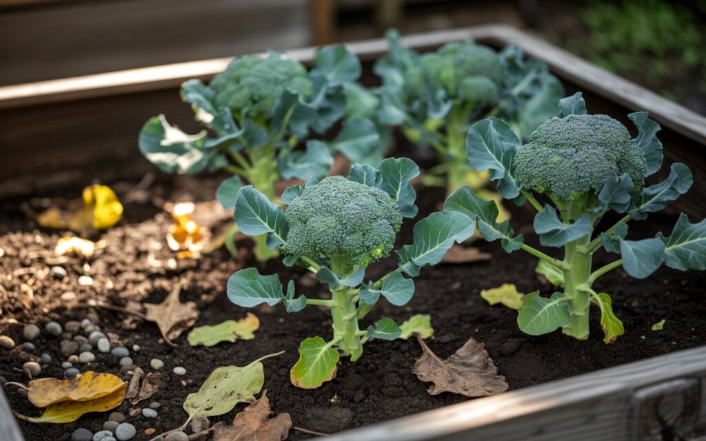 "Healthy broccoli plants growing in a raised garden bed with rich, dark soil and bright green heads forming"