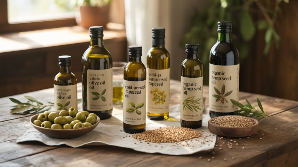 A photograph showcases an artful display of various bottles of sustainable cooking oils, arranged on a rustic wooden table. The bottles, labeled with "Extra Virgin Olive Oil", "Cold-Pressed Rapeseed Oil", and "Organic Hemp Seed Oil", are surrounded by their respective ingredients – glistening green olives, plump rapeseed seeds, and earthy brown hemp seeds. Soft, natural light streams in from a nearby window, highlighting the textures of the ingredients and creating a warm, inviting atmosphere while a simple linen cloth rests underneath. The scene evokes a sense of natural purity and artisanal craftsmanship.