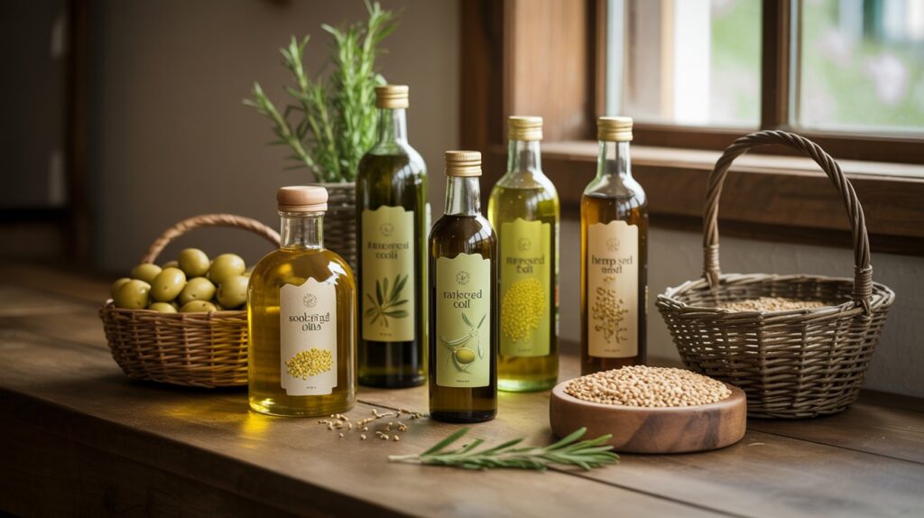 A photograph showcases an artful display of "sustainable cooking oils" arranged on a rustic wooden table. Several glass bottles filled with golden olive oil, vibrant green rapeseed oil, and amber-colored hemp seed oil are positioned alongside their respective ingredients: ripe olives, plump rapeseed seeds, and hemp seeds in woven baskets. Soft, natural light streams in from a nearby window, highlighting the textures of the ingredients and the labels on the bottles, creating a warm and inviting atmosphere. A sprig of fresh rosemary rests gently on the table, adding a touch of freshness to the composition.