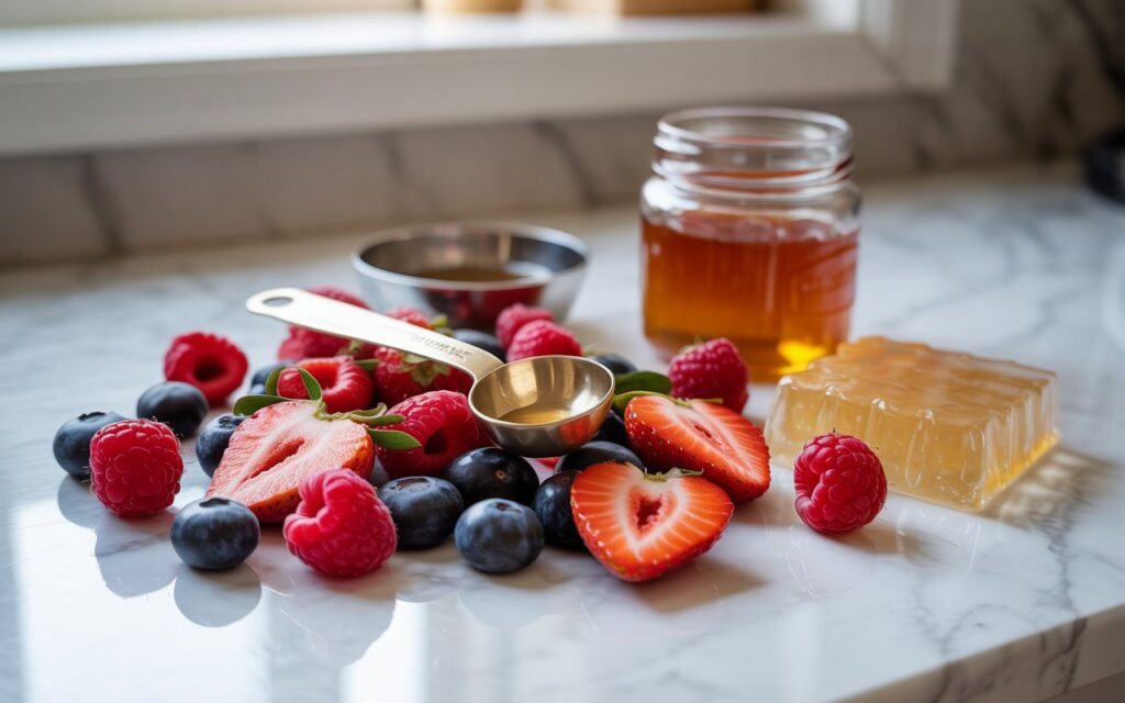 "Close-up of ingredients for homemade fruit snacks including fresh berries, honey, and sheet gelatine on a marble countertop"