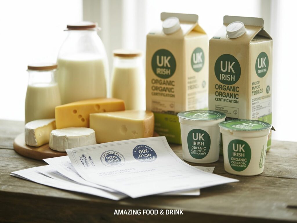 "UK and Irish organic certification logos displayed on various dairy products with inspection documents"with "Amazing Food & Drink" at the footer in a small text