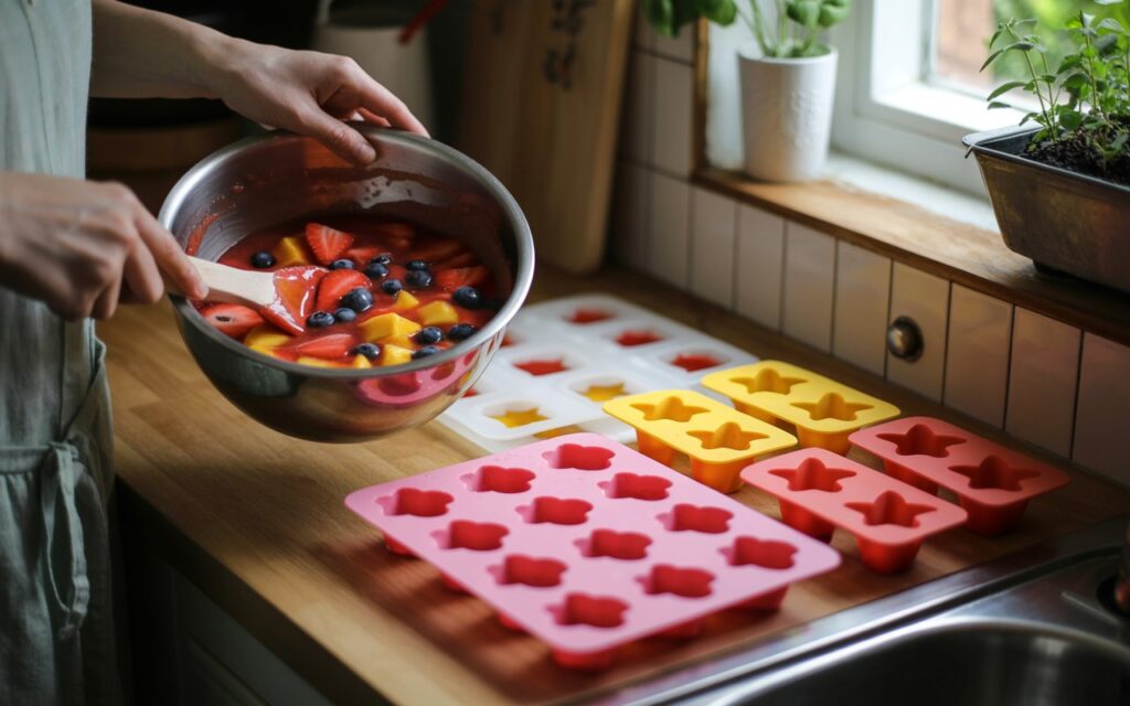 "Step-by-step process of making fruit snacks, from mixing ingredients to pouring into moulds"