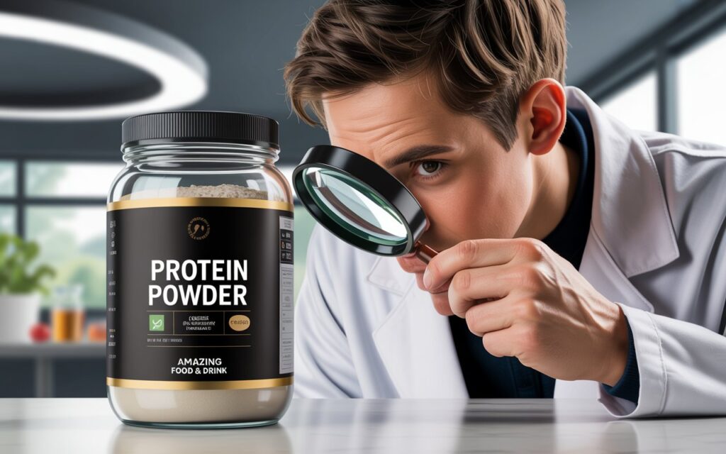 A photorealistic product shot showcasing a person closely examining a jar of protein powder with a magnifying glass, emphasizing the certification labels and ingredients list. The person has short brown hair and wears a white lab coat, their face illuminated by soft overhead lighting as they intently study the packaging details. The jar is a clear glass container with a black and gold label featuring clean typography and a minimalist design, with "Amazing Food & Drink" printed discreetly at the bottom footer. A blurred background of a modern, well-lit laboratory suggests a focus on quality and transparency.