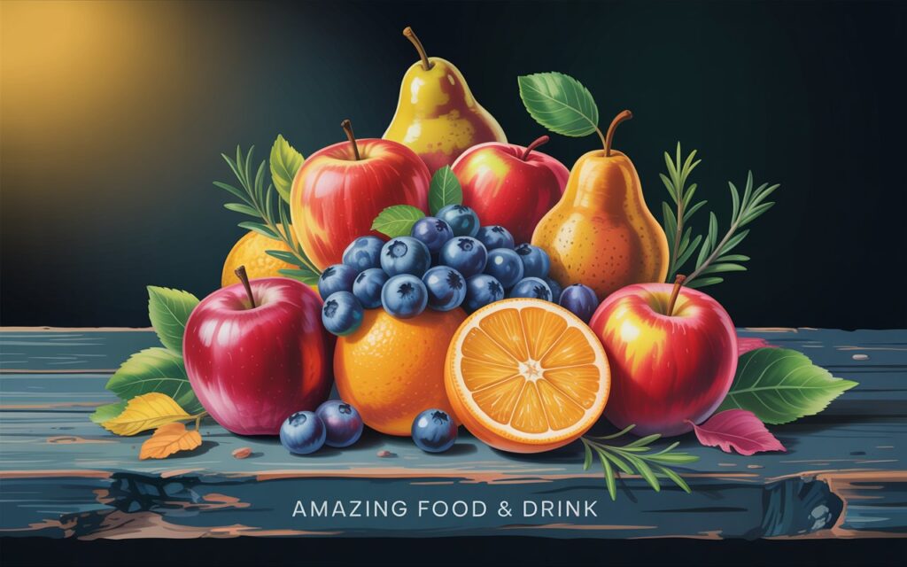 A photorealistic still life illustration of a vibrant assortment of fresh British and seasonal fruits arranged on a weathered, rustic wooden table. The fruits &ndash; ruby red apples, plump blueberries, golden pears, and juicy oranges &ndash; are meticulously arranged in a visually appealing pyramid shape, catching the warm light. Scattered around the base of the fruit are a few fallen leaves and a sprig of rosemary, adding texture and natural detail to the scene. In the lower right corner, small, elegant lettering displays "Amazing Food & Drink".