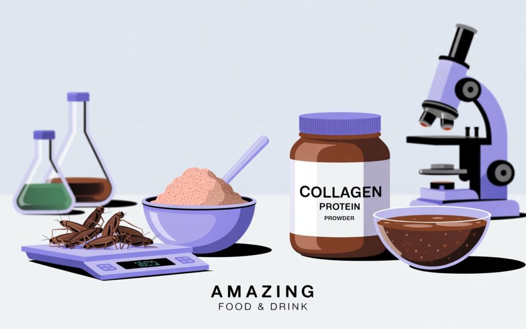 A product photography style image comparing cricket protein and collagen, focusing on their raw and processed forms. On the left, a small pile of dried crickets sits beside a bowl of fine cricket powder, both illuminated by a soft blue light with a digital scale displaying a measurement in the foreground. To the right, a jar of collagen protein powder rests next to a shallow bowl of rich, dark brown bone broth, partially obscured by steam. A slightly blurred laboratory microscope and a few beakers are subtly placed in the background against a clean white backdrop, with the words "Amazing Food & Drink" in small sans-serif font displayed at the bottom.