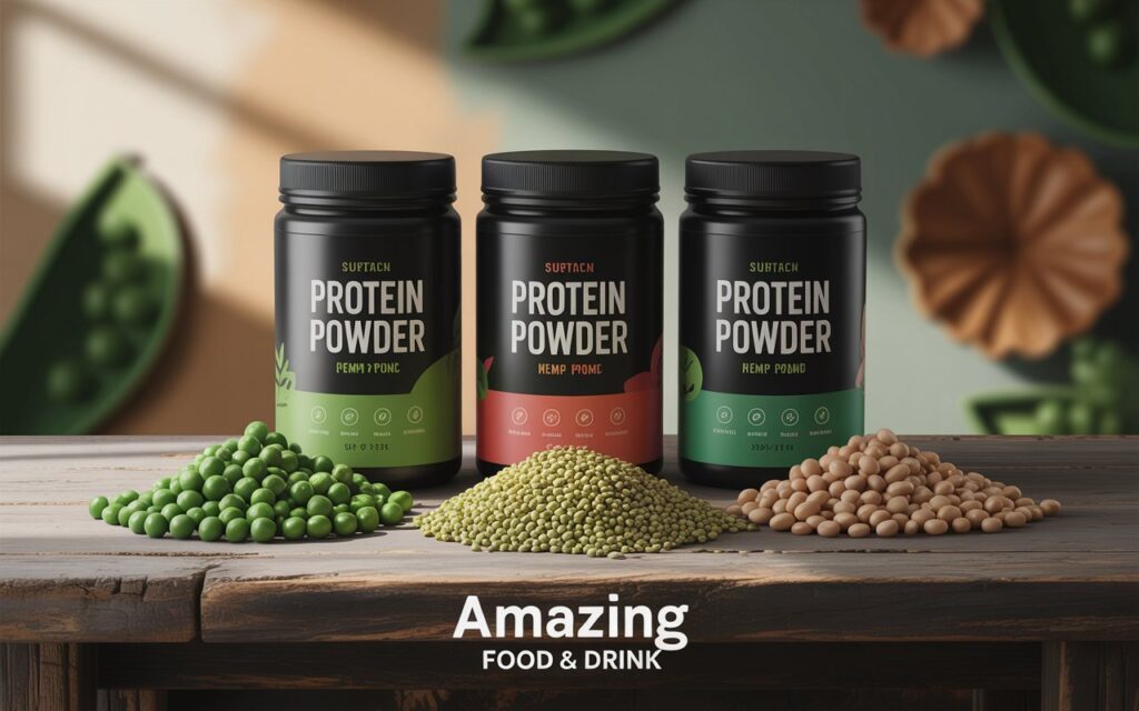 "Various sustainable protein powder containers displayed alongside their raw ingredients like peas, hemp seeds, and soy beans" with "Amazing Food & Drink" in small text at the footer
