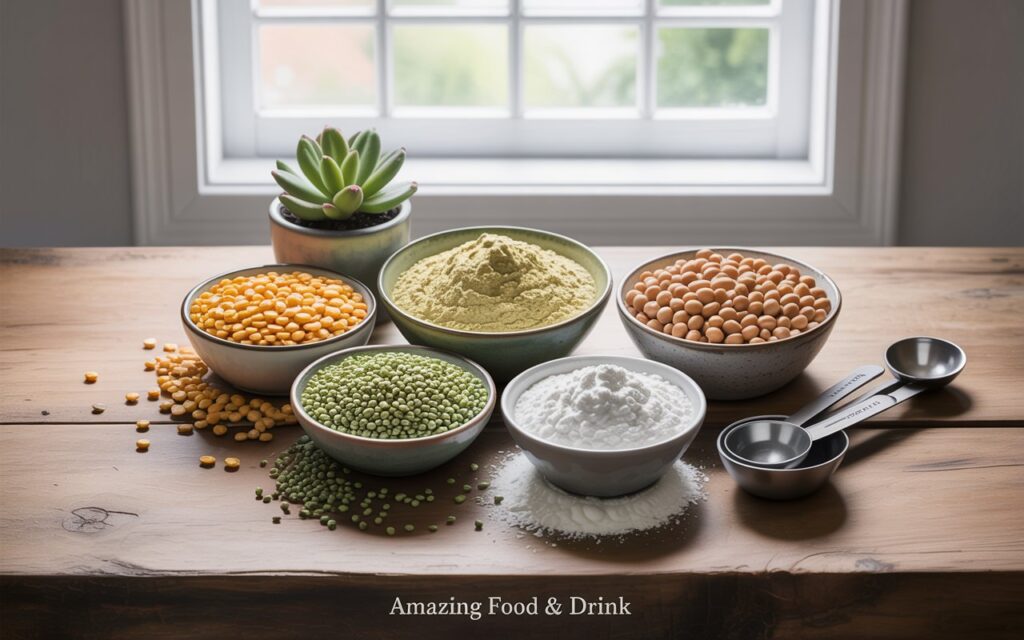 A professional, brightly lit photograph showcases a curated display of plant-based protein ingredients arranged artfully on a rustic wooden table. Small, shallow white ceramic bowls hold vibrant yellow split peas, earthy hemp seeds, and creamy soybeans alongside their corresponding protein powders – a light beige powder for the peas, a pale green for hemp, and a stark white for soybeans. A small, potted succulent with dusty green leaves sits subtly in the background, while a set of stainless steel measuring spoons rest casually beside the bowls, all bathed in soft, diffused light from a nearby window with "Amazing Food & Drink" displayed in a small elegant font at the very bottom. The scene exudes a clean, appetizing aesthetic reminiscent of a high-end food magazine, featuring subtle texture details and soft shadows to enhance the natural beauty of the ingredients.