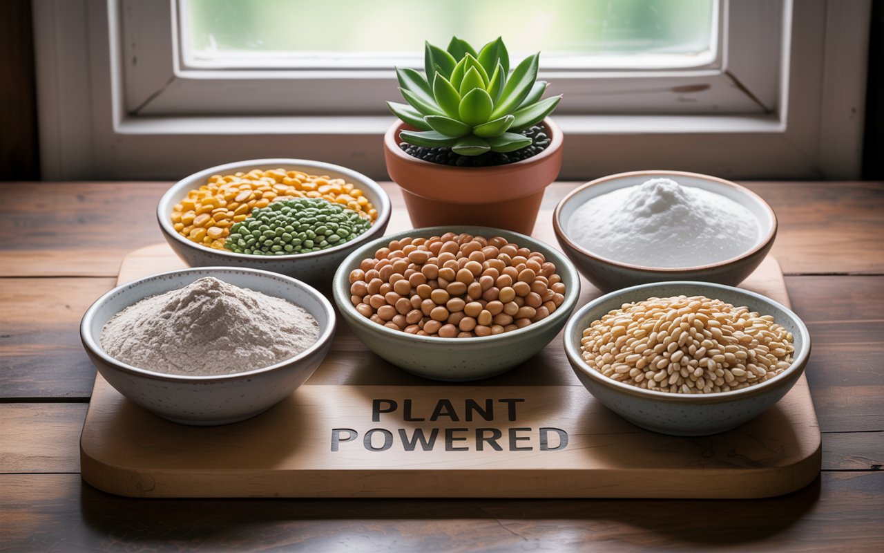 A professional, high-resolution photograph showcasing an array of plant-based protein ingredients arranged on a rustic wooden table. Four small, shallow white ceramic bowls hold vibrant yellow split peas, earthy hemp seeds, ivory soybeans, and pearlescent rice grains, while corresponding protein powders sit beside them in identical bowls. A small terracotta pot with a single, vibrant green succulent is positioned slightly behind the bowls, bathed in soft, diffused natural light filtering through a nearby window. The composition is clean and appetizing, styled to resemble a high-end food magazine spread with subtle texture and soft shadows highlighting the natural ingredients and "Plant Powered" elegantly inscribed on a small wooden cutting board.