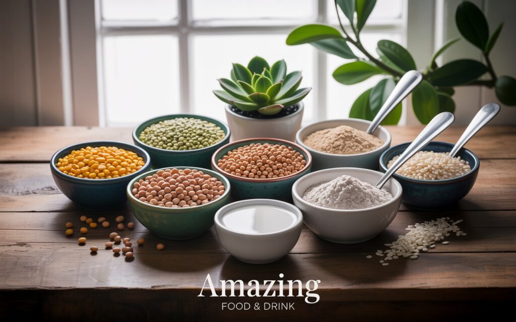 A professional photograph showcasing an assortment of plant-based protein ingredients arranged artfully on a rustic wooden table. Small ceramic bowls hold vibrant yellow split peas, creamy hemp seeds, dark soybeans, and pearly white rice grains, alongside their corresponding protein powders in clean white bowls, accented by stainless steel measuring spoons. A small potted succulent with deep green leaves sits subtly in the background, illuminated by soft, diffused natural light streaming from a nearby window. At the bottom of the frame, in elegant, small font, appears the text "Amazing Food & Drink".