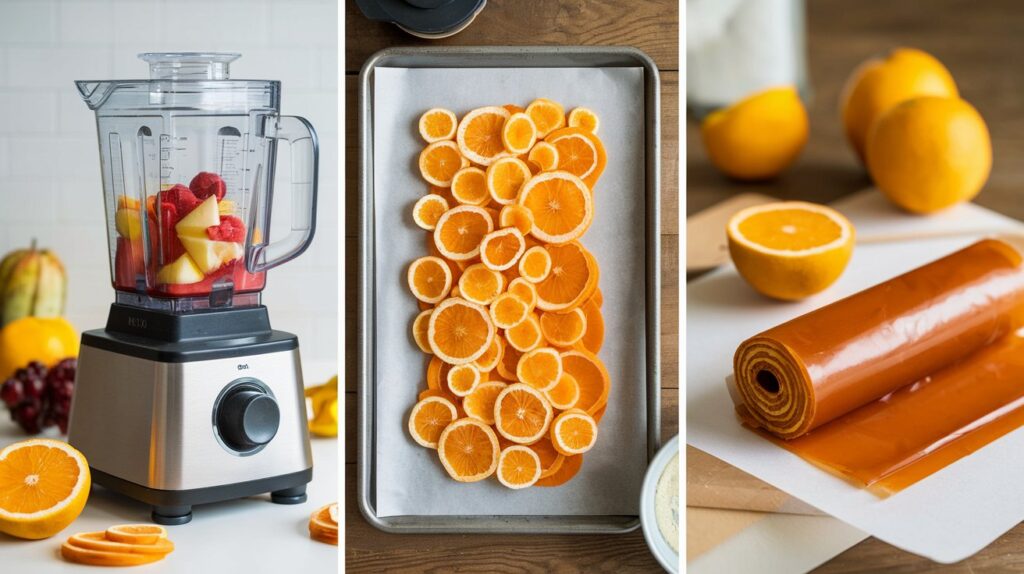 How to Make Homemade Fruit Leather: Healthy Natural Snacks Homemade Fruit Leather,fruit roll-ups,fruit leather A step-by-step photo of a fruit leather-making process. First, a blender with fruit is shown. Then, a tray with freshly spread fruit paste is shown. Finally, a rolled-up fruit leather is shown, ready to be cut into slices.