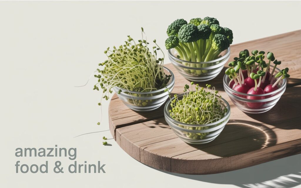 A still life photograph of a collection of small, clear glass bowls filled with vibrant, fresh sprouts including alfalfa, mung bean, broccoli, and radish, arranged artfully on a rustic wooden surface. The alfalfa sprouts cascade gently over the bowl's edges, while the broccoli sprouts form a compact, bright green mound. Soft, natural light illuminates the scene, casting subtle shadows and highlighting the textures of the sprouts and wood. The text "Amazing Food & Drink" appears in a simple sans-serif font at the bottom corner in a light grey hue.