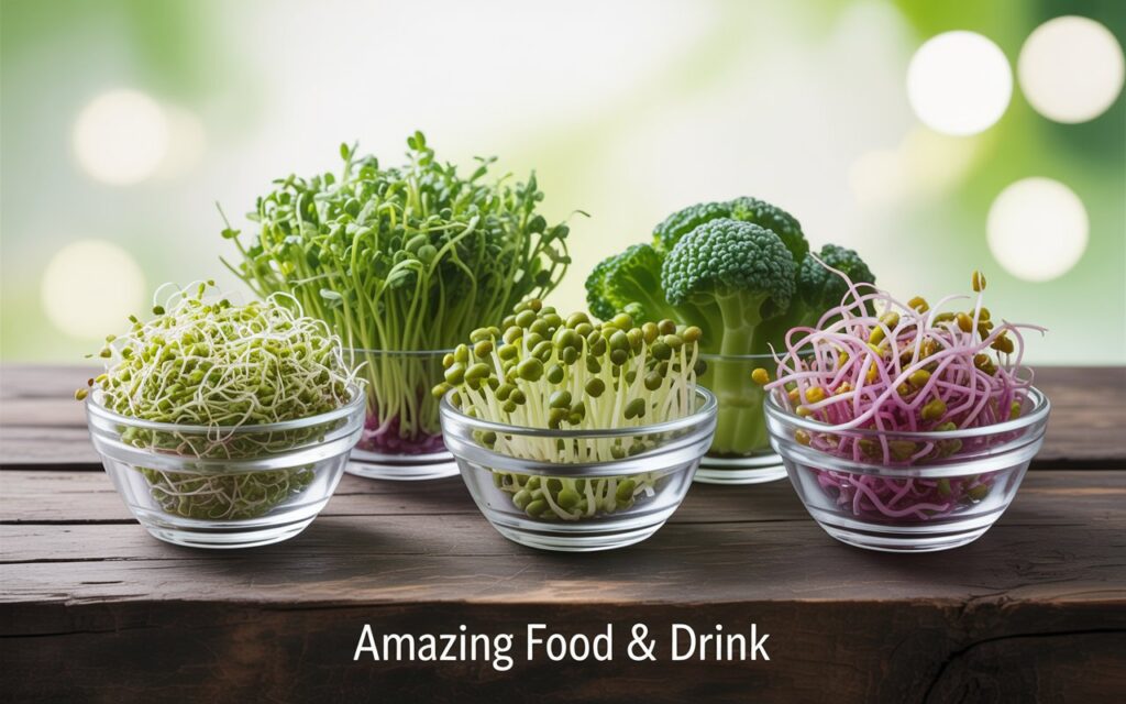 A still life photograph showcases a variety of vibrant fresh raw sprouts &ndash; alfalfa, mung bean, broccoli, and radish &ndash; artfully arranged in small clear glass bowls on a rustic wooden surface. The alfalfa sprouts have a delicate, feathery texture, while the radish sprouts display a peppery green hue, and the mung bean sprouts have a slender, elegant form. Soft, natural light illuminates the scene, casting gentle shadows and highlighting the freshness of the sprouts and a subtle bokeh effect in the background. At the bottom of the image, in a small elegant font, appears the text "Amazing Food & Drink".