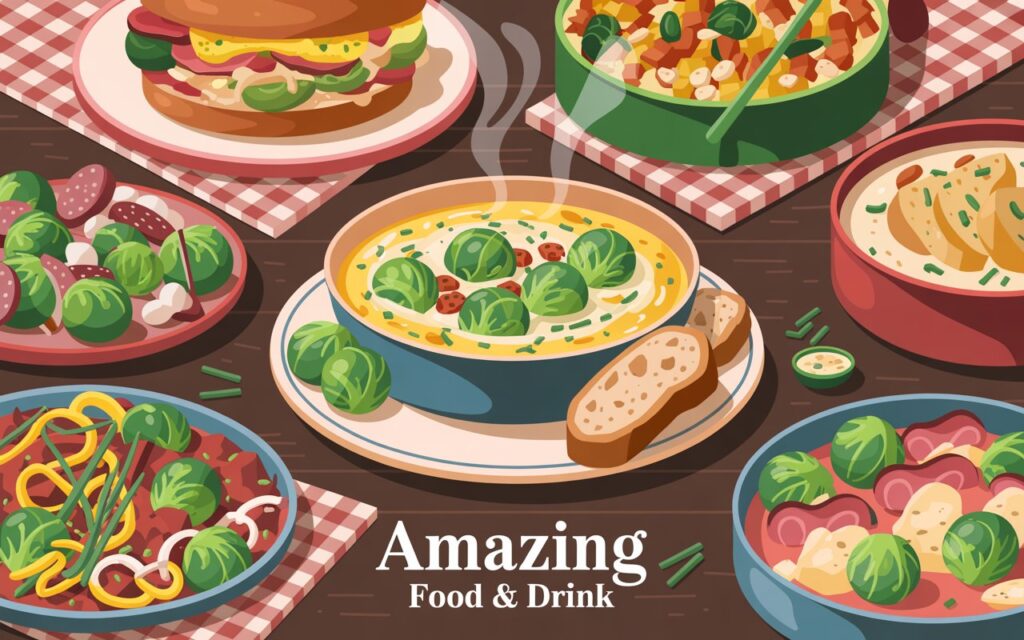 A vibrant digital illustration showcasing a diverse array of British meals incorporating Brussels sprouts, including a coronation chicken sandwich, a vibrant salad with sprouts and bacon, a colorful stir-fry, and a creamy sprout and potato soup. At the center of the composition sits a hearty bowl of sprout soup, garnished with chives and served with crusty bread, with steam gently rising. The background is a rustic wooden table setting featuring checkered napkins and vintage ceramic dishes, while the footer displays the text "Amazing Food & Drink" in a simple serif font. The scene is illuminated with warm, natural light to highlight the textures and colors of the food.