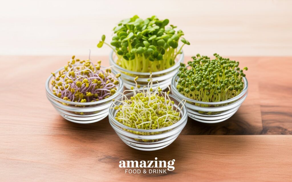 A vibrant food photography style image showcasing a variety of fresh raw sprouts, including alfalfa, mung bean, broccoli, and radish sprouts, artfully arranged in small, clear glass bowls. The sprouts are a deep green color with delicate textures, and are displayed on a warm, rustic wooden surface with subtle grain patterns. The bowls are arranged in a triangular pattern, with soft natural light highlighting the freshness of the sprouts, and the phrase "Amazing Food & Drink" appears in a small, elegant serif font at the bottom of the frame. The background is a soft, blurred out beige to emphasize the clean, healthy aesthetic.