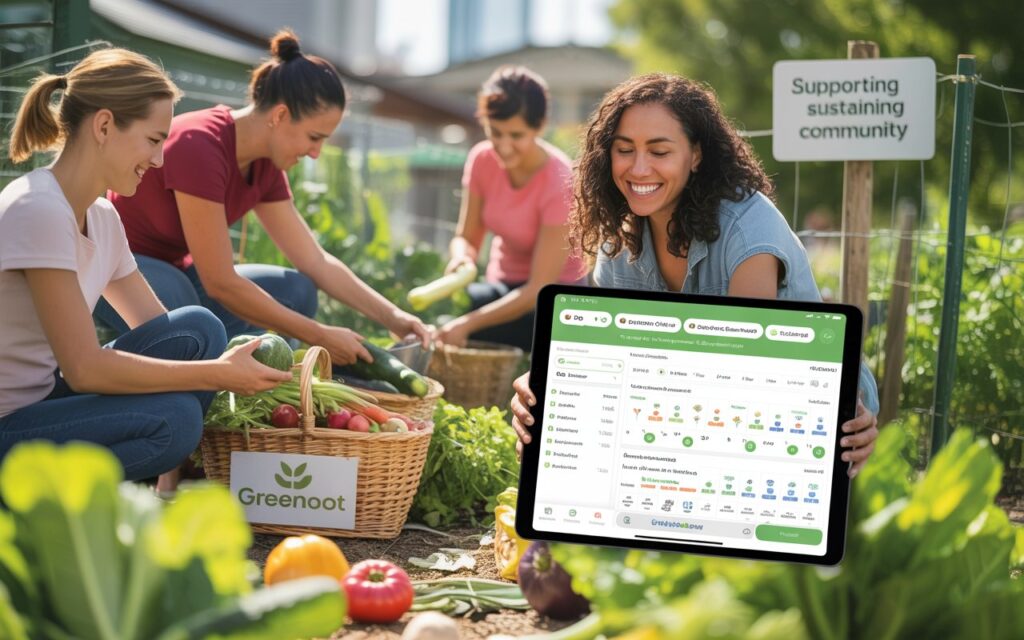 "Local community members participating in a sustainable food cooperative with digital tracking systems"
