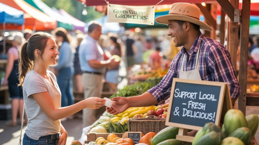 A vibrant lifestyle advertisement showcasing a bustling local farmers' market scene, centered around a close-up of a customer's hand exchanging cash with a smiling farmer, highlighting the direct connection between producer and consumer. Warm, natural lighting bathes the scene, emphasizing the fresh produce displayed on rustic wooden tables, with blurred backgrounds of other shoppers and colorful stalls creating a sense of lively community and abundance. A chalkboard sign in the background reads &ldquo;"Support Local - Fresh & Delicious!"&rdquo; while a subtle banner with the market&rsquo;s name, &ldquo;Green Valley Growers,&rdquo; is displayed, fostering a feeling of authenticity and reinforcing the importance of supporting the local economy with a warm, inviting, and community-focused aesthetic.