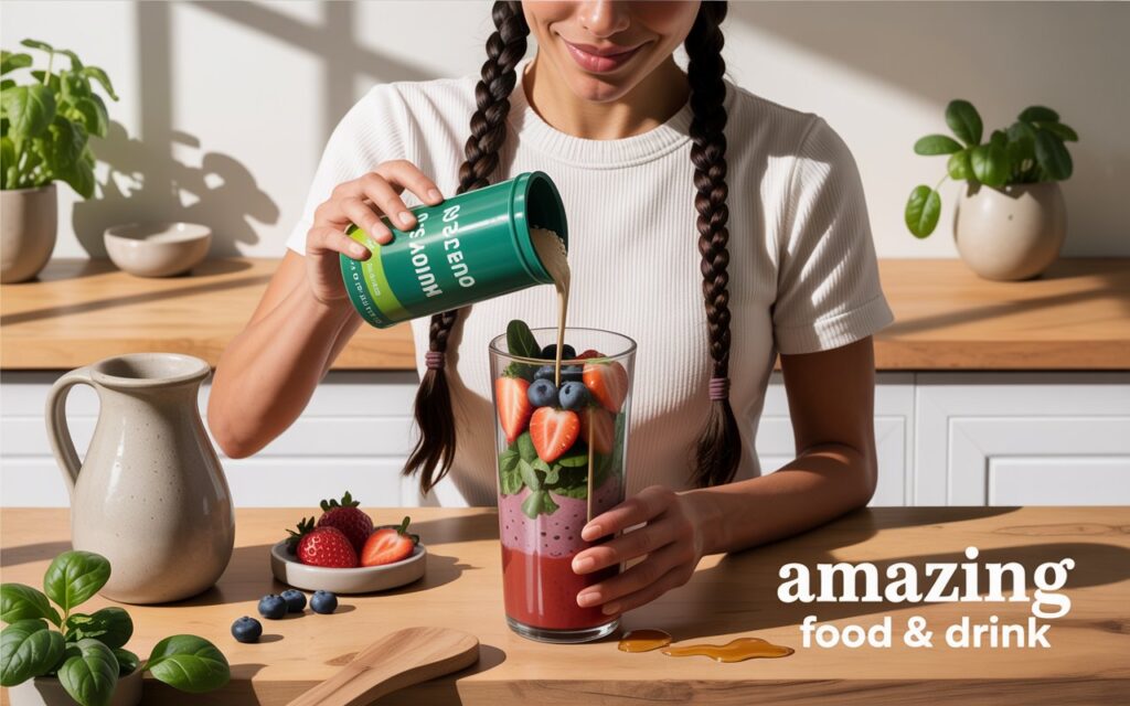 A vibrant, lifestyle photograph showcasing a person carefully adding a scoop of sustainable protein powder to a colorful smoothie in a modern, sunlit kitchen. The person, a young woman with braided hair, is smiling slightly as she pours the powder into a glass filled with sliced strawberries, blueberries, spinach, and a drizzle of honey. A wooden countertop provides a natural backdrop, accented by a ceramic pitcher and a small potted herb garden. The phrase "Amazing Food & Drink" appears in a clean, sans-serif font at the bottom right corner of the frame.