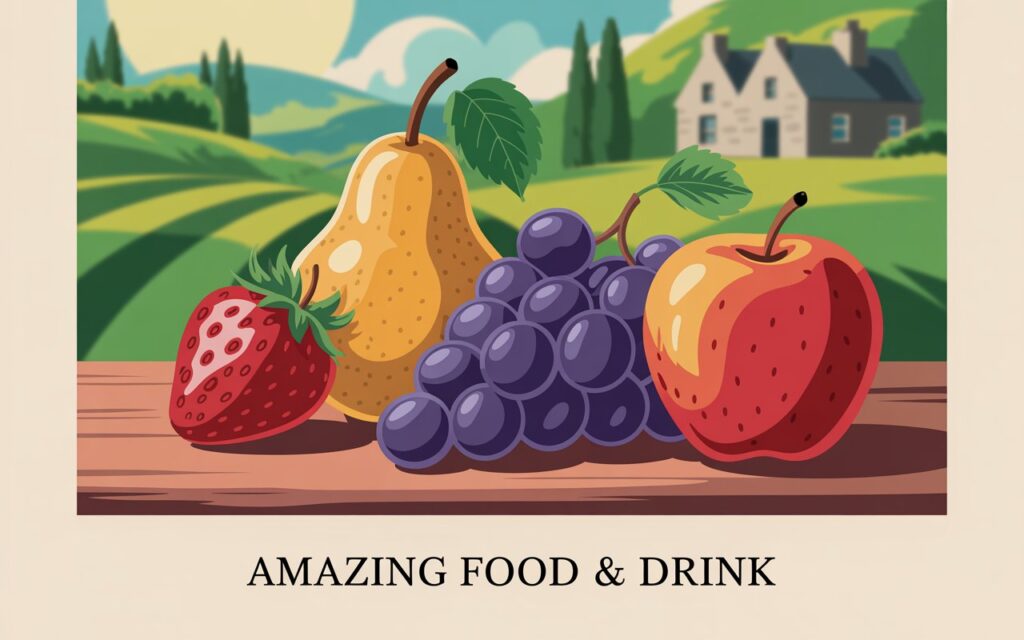 A vibrant poster illustration showcasing a colorful arrangement of fresh fruits commonly found in the UK and Ireland. A ripe strawberry, a juicy pear, a bunch of grapes, and a crisp apple are artfully arranged on a rustic wooden table, bathed in soft natural light. The backdrop features a blurred view of a charming Irish countryside scene with rolling green hills and a quaint stone cottage in the distance. At the bottom of the poster, in small, elegant font, appears the text "Amazing Food & Drink".