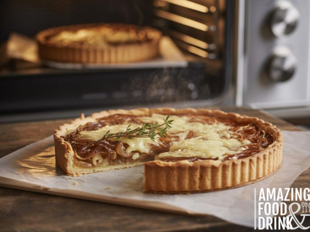 A photograph of a freshly baked French onion tart on a rustic wooden countertop, partially wrapped in clear cling film to preserve its warmth. The tart boasts a golden-brown crust filled with caramelized onions glistening with melted Gruy&egrave;re cheese, and a sprig of fresh thyme delicately placed on top. In the background, a glimpse of a stainless steel oven reveals a second slice of the tart being gently reheated, wisps of savory steam rising to create a comforting atmosphere. Soft, natural lighting illuminates the scene, highlighting the tart's textures and colors.