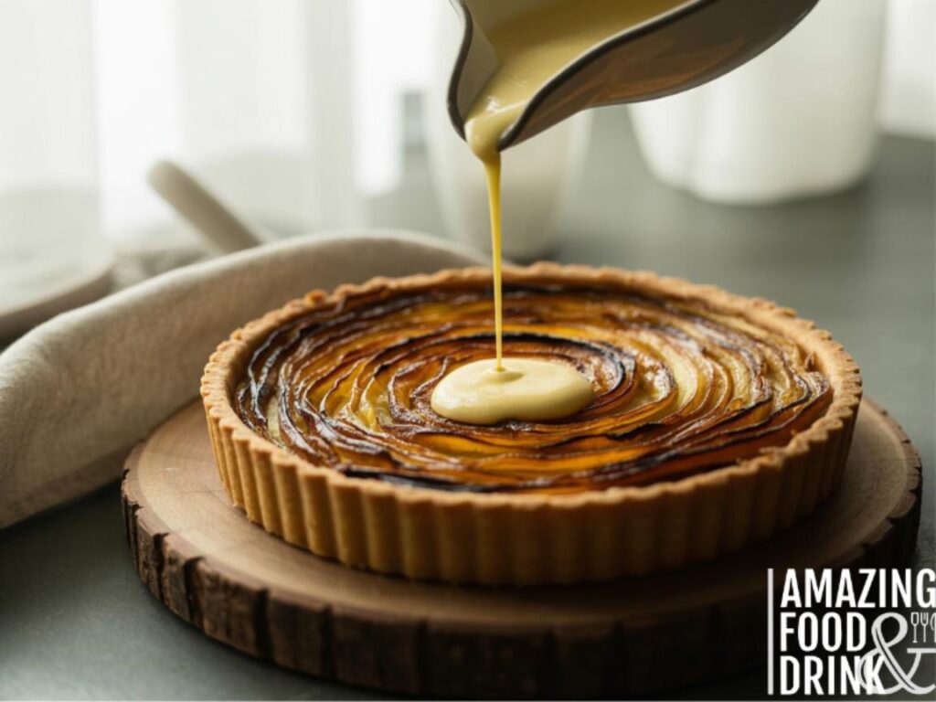A photograph capturing the intricate beauty of a caramelized onion tart. The tart sits centered on a rustic wooden board, showcasing a perfectly golden-brown crust and visible layers of rich, golden-brown onions. A stream of creamy, pale yellow custard is being poured over the tart, creating a glossy sheen and contrasting textures. Soft, diffused window light illuminates the scene, casting gentle shadows and highlighting the tart's textures while a simple linen napkin is casually draped nearby.