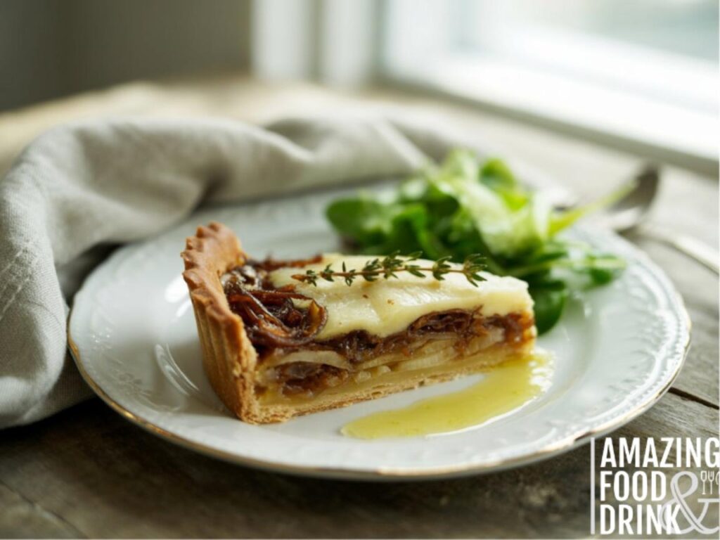 A photograph of a meticulously crafted slice of French onion tart presented on a delicate white china plate. The tart boasts a golden-brown crust layered with caramelized onions and melted Gruy&egrave;re cheese, topped with a sprinkle of fresh thyme, and resting beside a small, vibrant green salad with a light lemon vinaigrette. A linen napkin is draped elegantly to the side, while soft window light illuminates the scene, casting gentle shadows and highlighting the tart's textures. The background is a softly blurred rustic wooden table, creating a warm and inviting atmosphere.