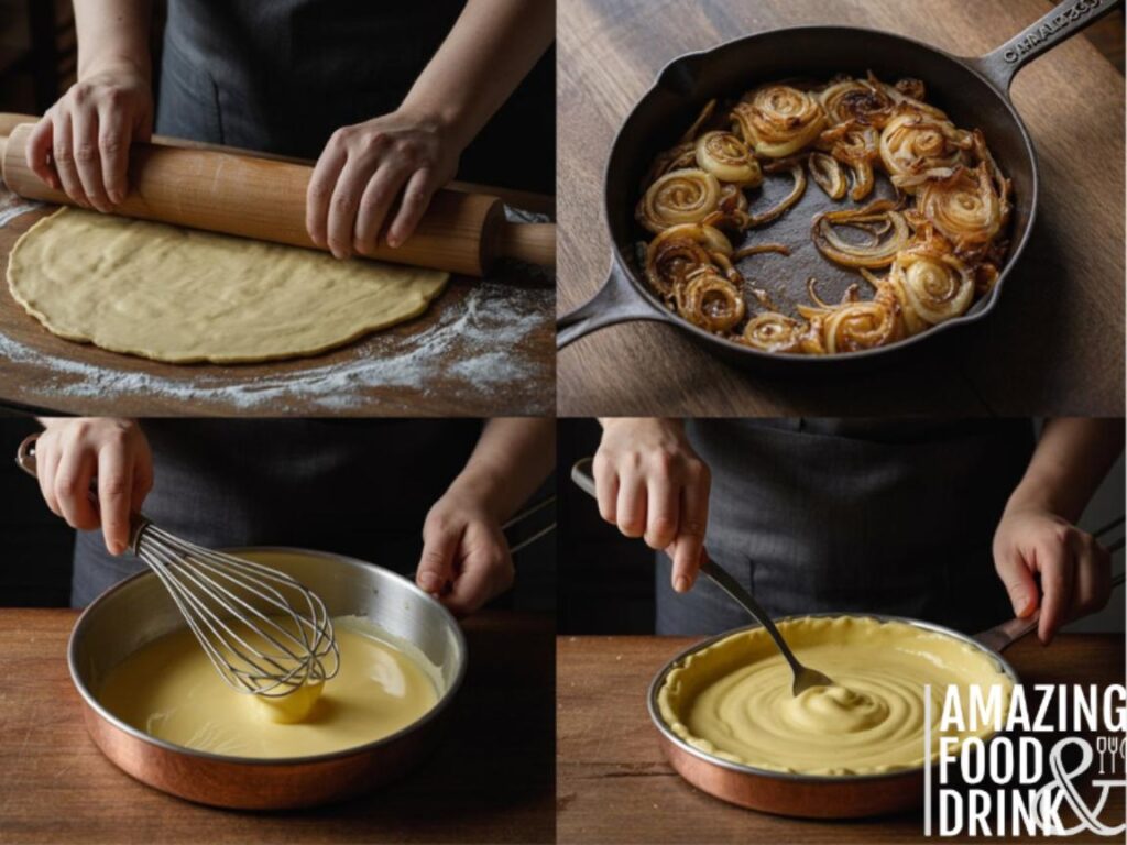 A series of four photographs documenting the creation of a classic French tart. The first image shows a baker's hands gently rolling out golden-brown pastry dough on a lightly floured wooden surface, the dough stretching into a perfect circle. The second photograph captures caramelized onions slowly browning in a cast iron skillet, releasing their rich aroma with glistening droplets of oil; "Caramelize" is etched into the handle of the skillet. The final two images depict a chef meticulously whisking smooth, pale yellow custard in a copper bowl and carefully arranging the filling into the tart shell before placing it in the oven.