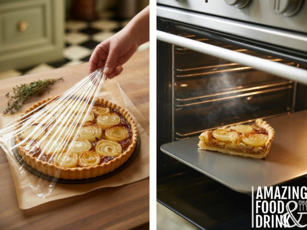 A photograph of a freshly baked French onion tart being carefully wrapped in clear cling film on a wooden kitchen counter. The tart, adorned with golden-brown caramelized onions and flaky pastry, sits alongside a small bundle of fresh thyme. In a second image, a slice of the tart is being reheated in a stainless steel oven, steam gently rising to create a warm, inviting atmosphere with soft overhead lighting. The background shows a glimpse of a cozy kitchen with vintage-style cabinetry and a checkered floor.