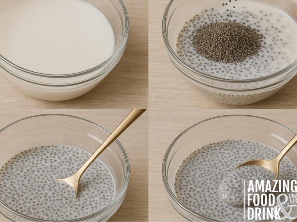 "Four-panel image sequence showing the process of making chia pudding: starting with a bowl of coconut milk, adding chia seeds, stirring the mixture with a spoon, and the final result of thick chia pudding."







