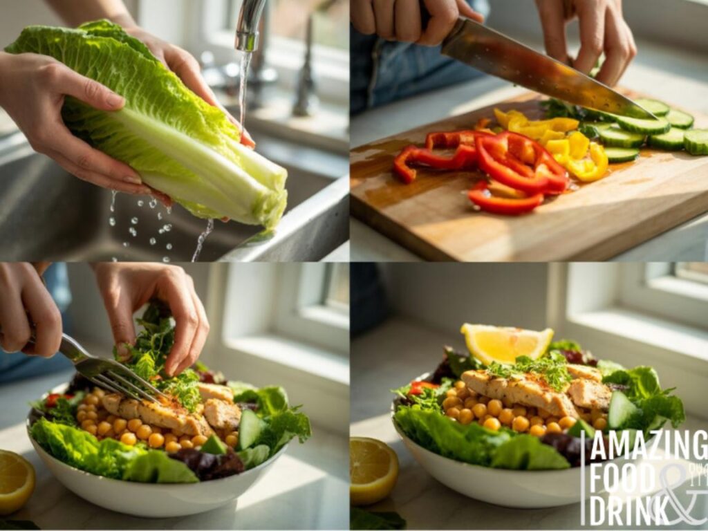 A photograph showcasing a four-step sequence illustrating the creation of a vibrant salad. The first image shows hands gently washing crisp romaine lettuce under a stream of water, followed by a close-up of vibrant bell peppers and cucumbers being meticulously chopped on a wooden cutting board. The subsequent shot displays a careful arrangement of grilled chicken and chickpeas atop a bed of mixed greens, culminating in the final image of the beautifully presented salad garnished with fresh herbs and a lemon wedge, all under bright, natural sunlight streaming through a kitchen window. Each frame utilizes shallow depth of field to keep the focus on the process of creation.
