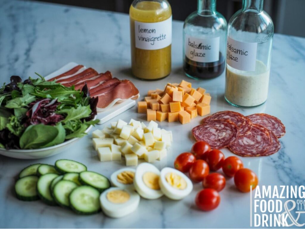A photograph of a meticulously arranged flat lay featuring fresh salad ingredients on a cool-toned white marble countertop. Scattered across the surface are vibrant mixed salad leaves, thinly sliced prosciutto and salami, perfectly cubed cheddar and Swiss cheeses, and halved hard-boiled eggs, along with bright cherry tomatoes and refreshing cucumber slices. Several glass dressing bottles with handwritten labels that read "Lemon Vinaigrette" and "Balsamic Glaze" are artfully placed among the food items, and the scene is illuminated by soft, diffused natural light to highlight the ingredients’ textures and colors. The composition creates a visually appealing and organized presentation, ideal for a culinary blog or recipe demonstration.