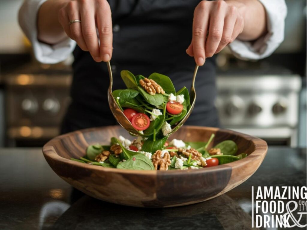 A photograph of a chef's hands skillfully tossing a vibrant salad within a large, rustic wooden bowl. The hands, adorned with a single silver ring, gently lift the salad, revealing a colorful mix of baby spinach, cherry tomatoes, crumbled feta cheese, and toasted walnuts arranged within the bowl. The bowl sits on a sleek granite countertop in a modern, brightly lit kitchen, with stainless steel appliances subtly visible in the background. Soft, diffused light highlights the textures of the ingredients, creating an inviting and appetizing scene.