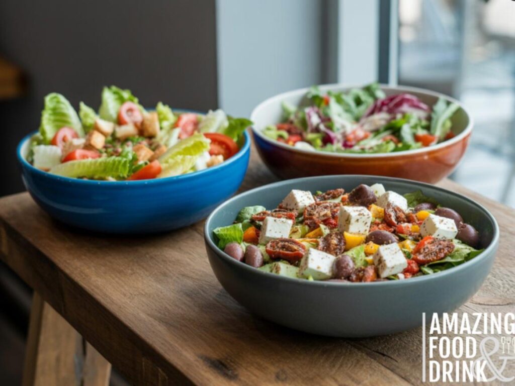 A photograph showcasing three distinct bowls of salad arranged side-by-side on a rustic wooden table. The first bowl presents a classic American salad with crisp romaine lettuce, juicy tomatoes, and crunchy croutons; the second displays a Mediterranean-inspired salad featuring Kalamata olives, crumbled feta cheese, and vibrant sun-dried tomatoes; and the third offers a modern deconstructed presentation with individual ingredients artfully scattered. Each bowl is a different color – a bright blue, a terracotta orange, and a sleek slate grey – creating a visually appealing contrast. Soft, natural light streams in from a nearby window, highlighting the fresh textures and colors of the salads.