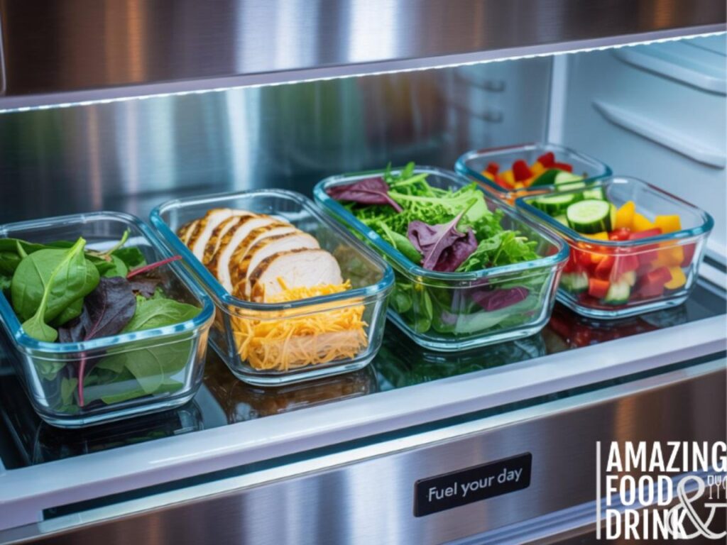 A photograph of a stainless-steel refrigerator interior showcasing neatly arranged glass meal prep containers. Inside the containers are vibrant components: mixed greens, a selection of sliced grilled chicken and cheddar cheese, and small compartments filled with colorful chopped bell peppers and cucumbers. The containers are strategically positioned on the refrigerator shelves, illuminated by soft, cool LED lighting, creating a clean and organized culinary display. A small label reading "Fuel Your Day" is affixed to the refrigerator door.