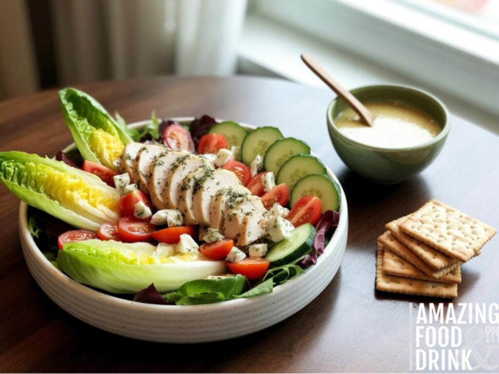A photograph of a vibrant chef salad arranged artfully on a chilled, elegant white ceramic plate. The salad features crisp romaine lettuce, juicy cherry tomatoes, cucumber slices, crumbled blue cheese, and grilled chicken, all meticulously arranged. Beside the plate sits a small bowl of creamy balsamic vinaigrette dressing with a wooden spoon and a selection of artisanal crackers arranged in a neat stack. Soft, natural light streams in from a nearby window, highlighting the freshness of the ingredients and creating a warm, inviting ambiance.