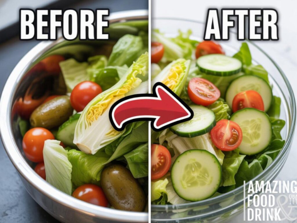 A photograph depicting a split-screen comparison of a salad preparation, showcasing "before" and "after" stages. On the left, a pile of wilted lettuce, soggy tomatoes, and browning cucumber sit haphazardly in a stainless steel bowl. On the right, a vibrant and crisp salad is neatly arranged in a clear glass bowl, displaying perfectly fresh lettuce, ripe cherry tomatoes, and crisp cucumber slices with a light vinaigrette. A bold, stylized arrow points from the wilted ingredients to the fresh, vibrant salad, highlighting the transformative improvement.