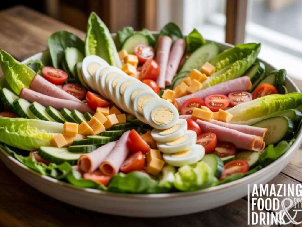 A photograph of a vibrant chef salad artfully arranged within a large, pristine white ceramic bowl. The salad boasts a colorful assortment of crisp romaine lettuce, thinly sliced hard-boiled eggs, neatly rolled turkey and ham deli meats, perfectly cubed cheddar cheese, juicy cherry tomatoes, and cool cucumber slices, all forming a visually appealing pattern. Soft, natural light streams in from above, casting gentle shadows and highlighting the fresh textures of the ingredients. The bowl rests on a rustic wooden table, contributing to a warm and inviting atmosphere.