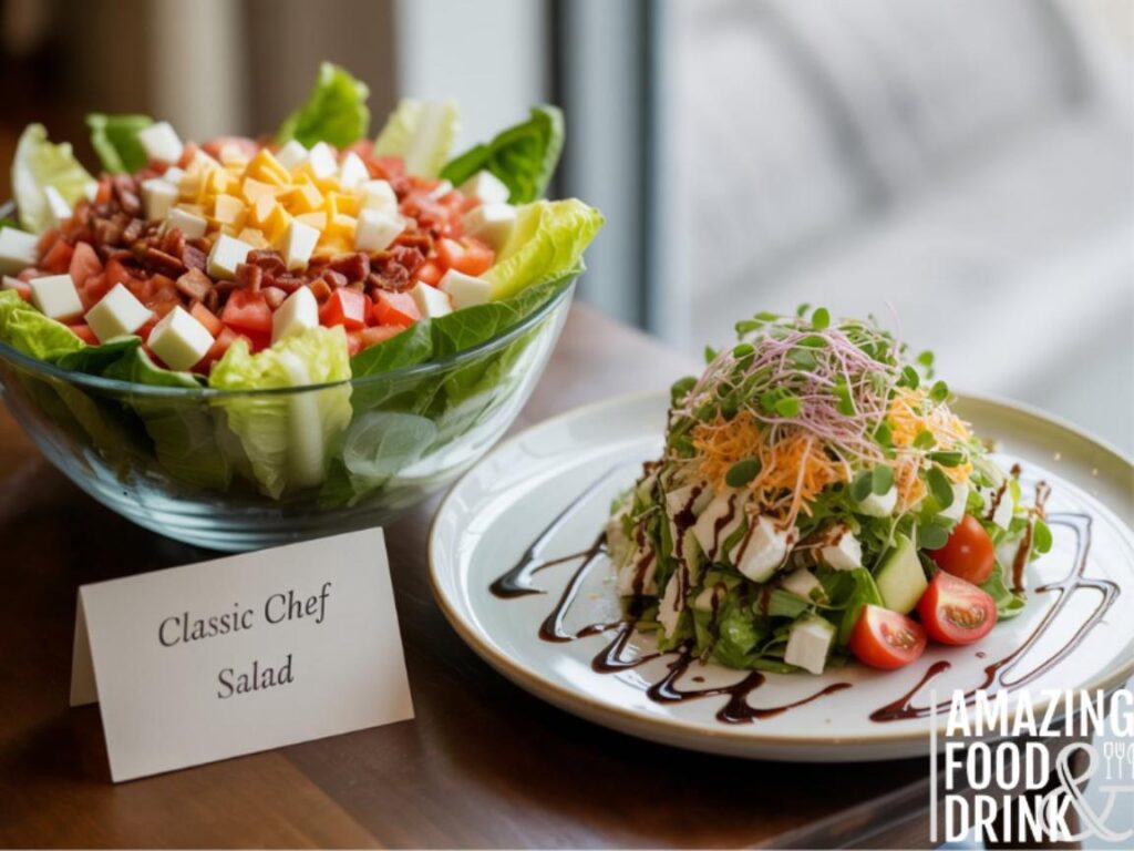 A photograph showcasing a side-by-side comparison of chef salads, presented in a vintage and modern style. On the left, a classic chef salad sits in a clear glass bowl, overflowing with crisp romaine lettuce, diced tomatoes, hard-boiled eggs, crumbled bacon, and chunks of cheddar cheese with "Classic Chef Salad" clearly visible on a small card next to it.  The modern version is artfully arranged on a white ceramic plate with a drizzle of balsamic glaze and microgreens, highlighting a vibrant mix of colors and textures. Both salads are bathed in soft, natural light, emphasizing the freshness of the ingredients and celebrating the evolution of this iconic dish.