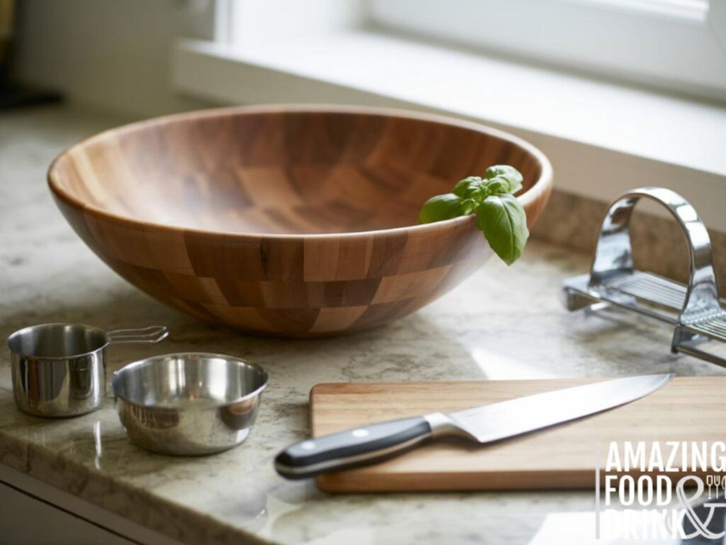 A photograph of an immaculate kitchen workspace centered around a large, rustic wooden salad bowl. The bowl rests on a clean granite countertop, alongside a gleaming chef's knife, a rectangular wooden cutting board, and neatly arranged stainless steel measuring cups and small prep bowls. A chrome egg slicer sits slightly to the side, catching the light, while soft, natural light streams in from a nearby window, gently illuminating the organized arrangement of culinary tools. A sprig of fresh basil is tucked subtly into the salad bowl, adding a touch of vibrant green against the warm wood tones.