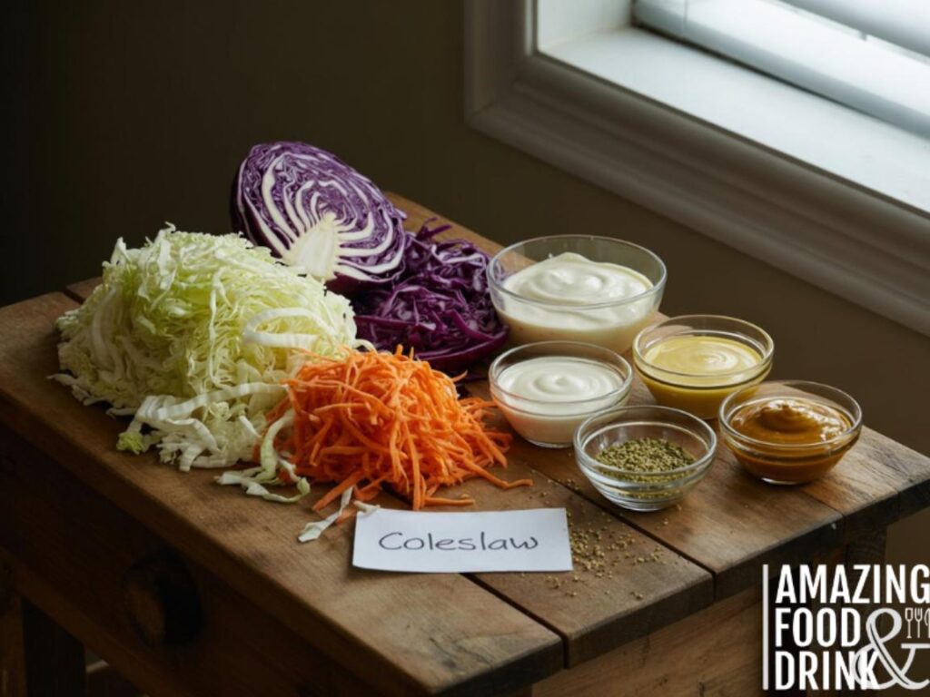A photograph of a rustic wooden table overflowing with the fresh ingredients for coleslaw. A large mound of shredded white cabbage and vibrant purple cabbage sits beside a pile of freshly grated carrots. Beside these, several small bowls contain creamy dressing components: mayonnaise, Dijon mustard, apple cider vinegar, and a sprinkle of celery seeds &ndash; all arranged around a small handwritten sign that reads "Coleslaw". Soft natural light streams in from a nearby window, casting gentle shadows and highlighting the textures of the vegetables and the rustic charm of the wooden table.