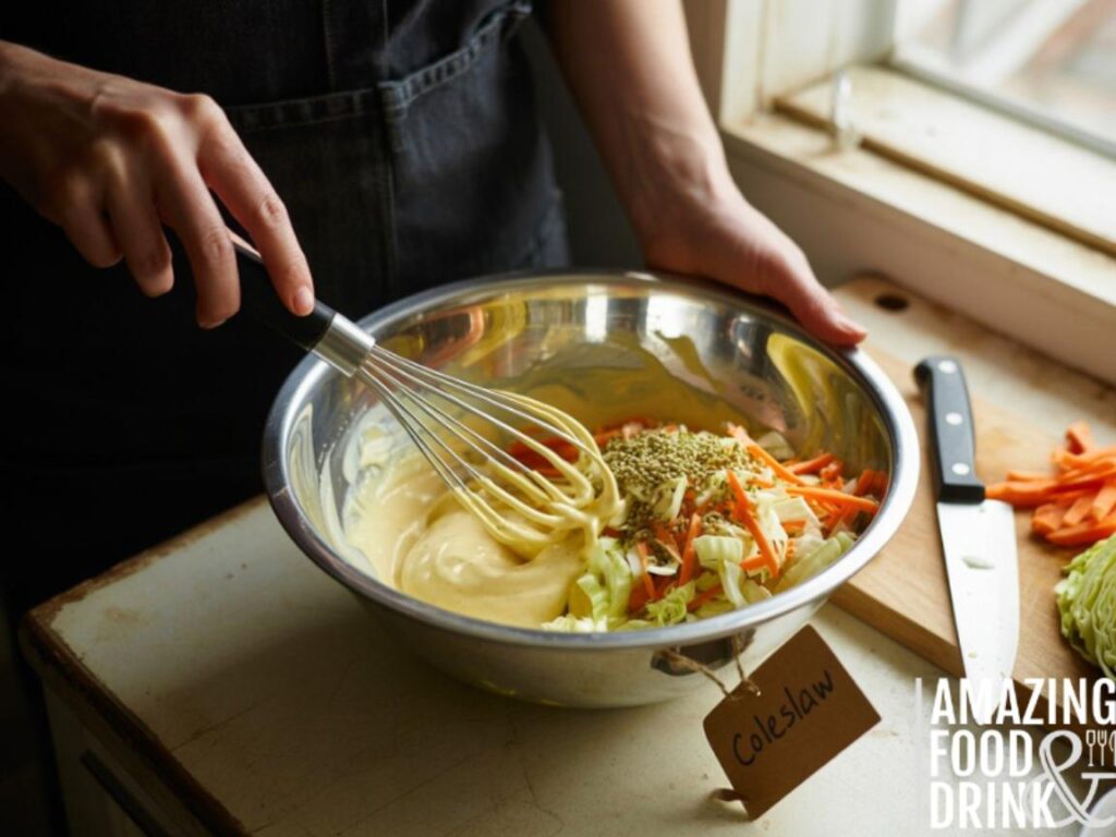 A photograph of a pair of hands carefully whisking together ingredients in a stainless steel bowl. The bowl contains creamy mayonnaise dressing, chopped cabbage, shredded carrots, and a sprinkle of celery seeds, creating a vibrant yellow-orange mixture labeled &ldquo;Coleslaw&rdquo; with a handwritten tag attached. Soft, natural light streams in from a nearby window, illuminating the scene and highlighting the textures of the fresh vegetables and the smooth dressing. A wooden cutting board with a knife and additional vegetables rests on a worn countertop in the background.