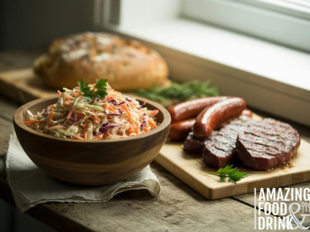 A photograph showcasing a rustic wooden bowl filled with "Beautifully presented coleslaw". The coleslaw boasts a vibrant mix of shredded cabbage, carrots, and a creamy dressing, garnished with fresh parsley. Next to the bowl sits a selection of perfectly grilled steak and sausages alongside a loaf of crusty bread with a scattering of rosemary, all arranged on a weathered wooden table. Soft, natural light streams in from a nearby window, creating a warm and inviting atmosphere.