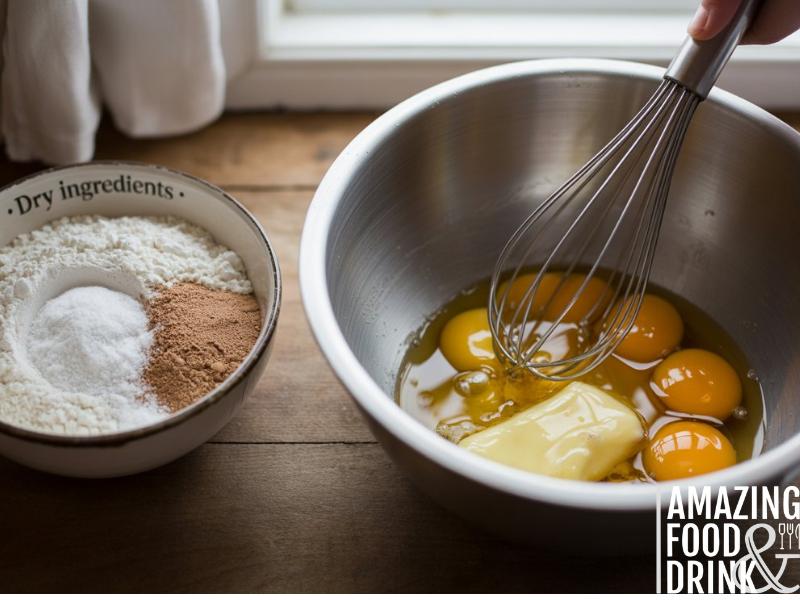 A photograph showcasing a step-by-step baking process, beginning with a collection of ingredients artfully arranged on a rustic wooden countertop. A stainless steel mixing bowl contains a vibrant mixture of wet ingredients&mdash;eggs, vanilla extract, and melted butter&mdash;while a separate ceramic bowl holds a blend of flour, baking powder, and salt, labeled "&laquo;Dry Ingredients&raquo;". The overhead shot highlights the careful incorporation of the dry ingredients into the wet, utilizing a whisk to demonstrate the proper mixing technique. Soft natural light filters through a nearby window, illuminating the scene and casting a warm glow on the ingredients.