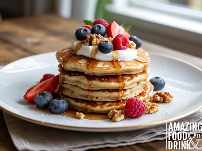 A photograph of a stack of "protein pancakes" elegantly presented on a pristine white porcelain plate. The pancakes are golden brown with a slightly fluffy texture, artfully arranged with a generous topping of vibrant mixed berries &ndash; blueberries, raspberries, and sliced strawberries &ndash; alongside dollops of creamy Greek yoghurt and a sprinkle of chopped walnuts. A delicate drizzle of maple syrup cascades over the pancakes, reflecting the soft natural light streaming in from a nearby window, highlighting the richness of the meal. The plate rests on a rustic wooden table with a linen napkin subtly visible in the background.