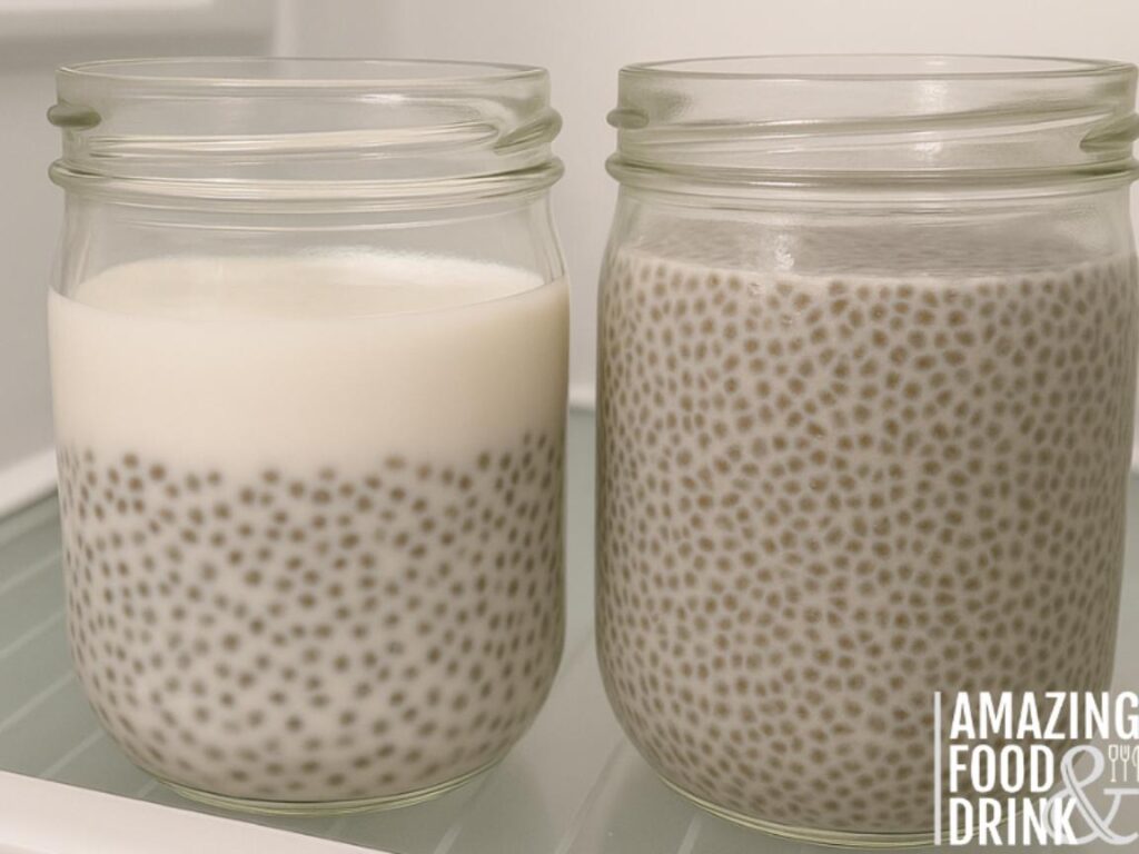 "Two glass jars of chia seed mixture on a refrigerator shelf, one showing a freshly mixed liquid consistency and the other showing a thickened pudding texture."







