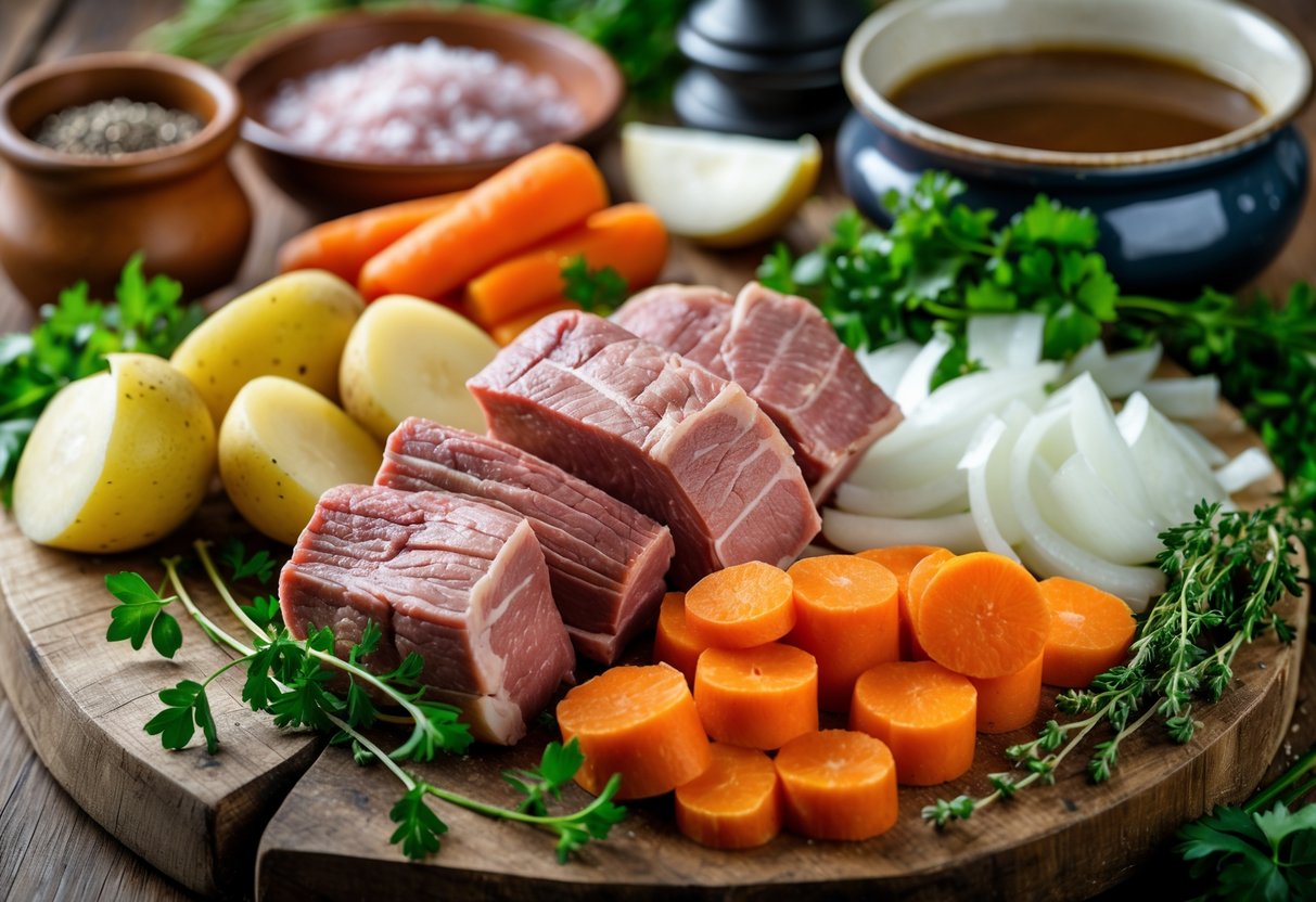 A close-up of fresh lamb, potatoes, carrots, onions, herbs, and broth arranged on a wooden board for making Irish stew.