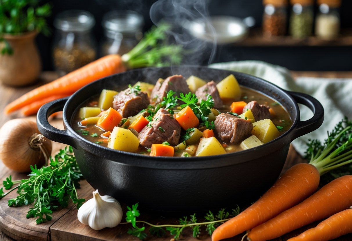 A pot of traditional Irish stew with lamb, potatoes, carrots, and herbs cooking on a wooden countertop surrounded by fresh ingredients in a kitchen.