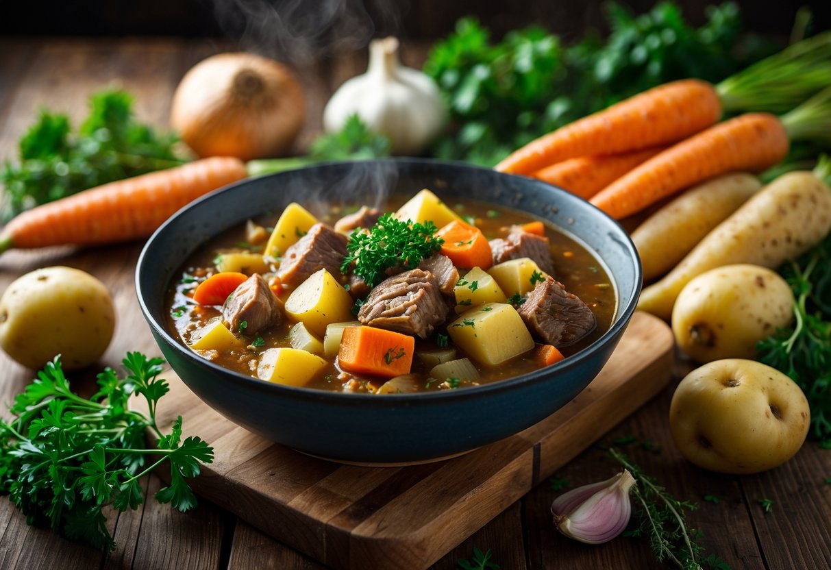 A bowl of traditional Irish stew with lamb, potatoes, carrots, and onions on a wooden table surrounded by fresh vegetables and herbs.