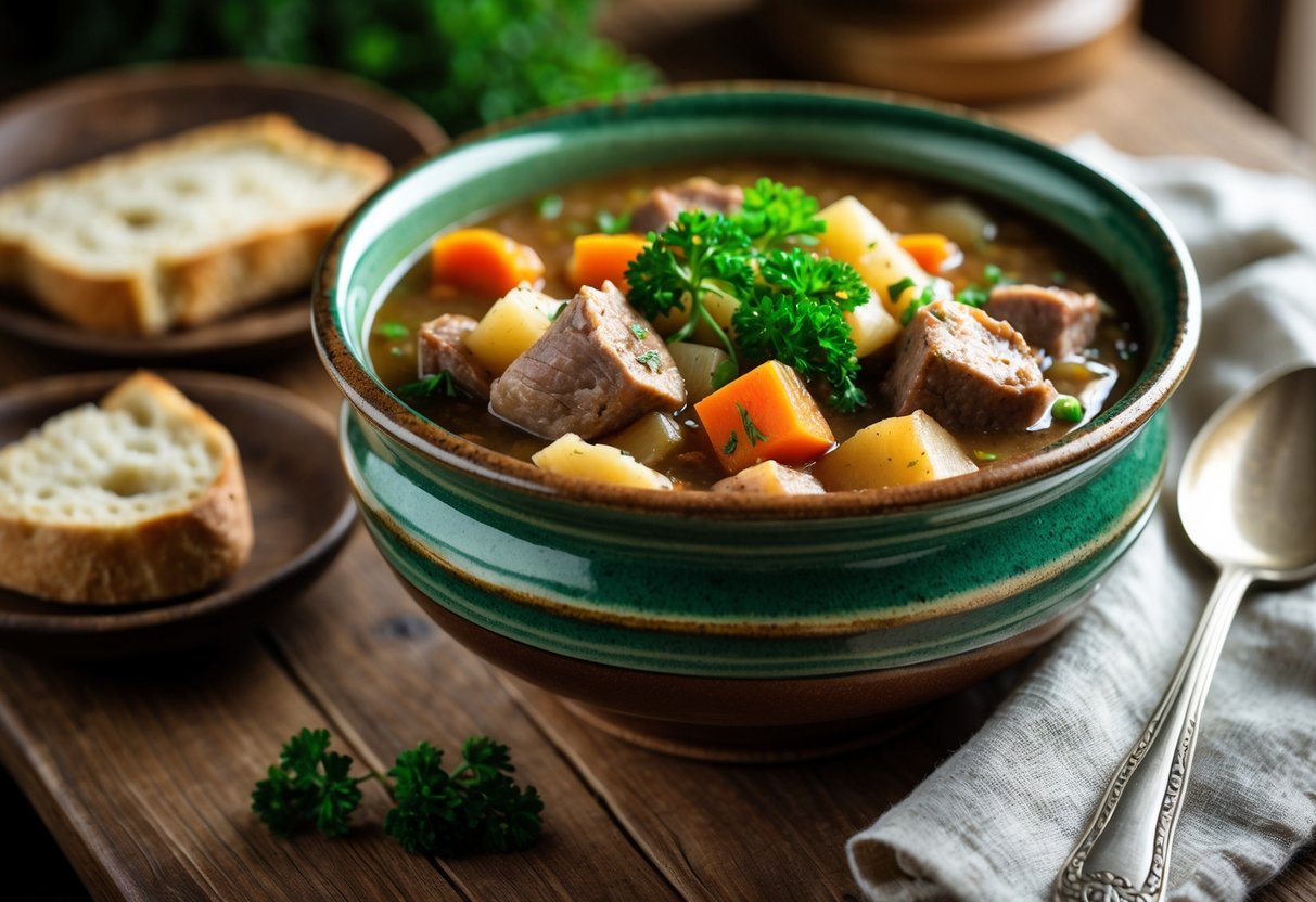 A bowl of traditional Irish stew with lamb, potatoes, and carrots, garnished with parsley, served with soda bread on a wooden table.