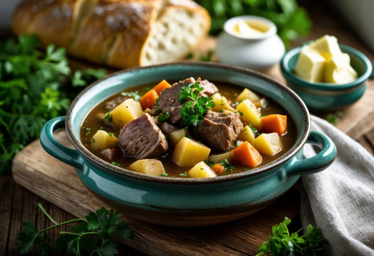 A bowl of traditional Irish stew with lamb, potatoes, carrots, and herbs on a wooden table, accompanied by soda bread and butter.