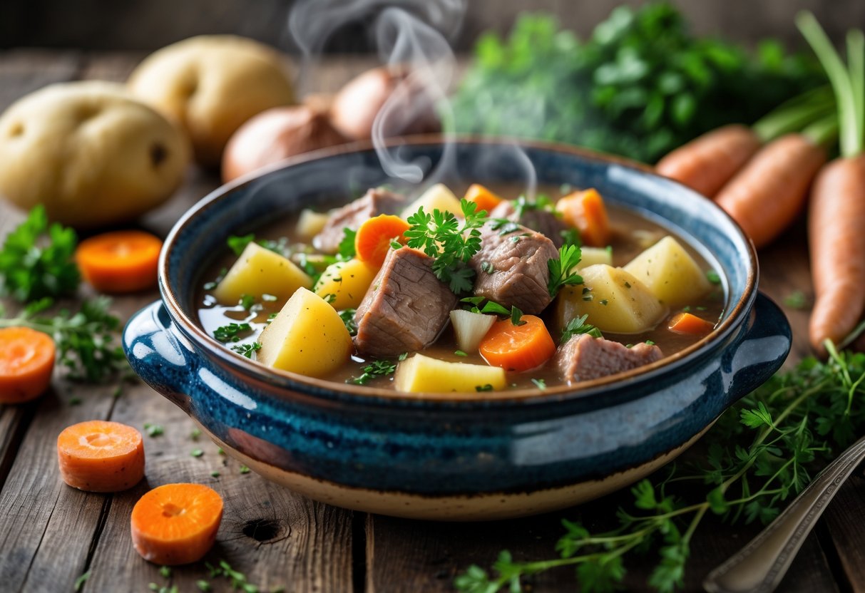 A bowl of traditional Irish stew with lamb, potatoes, carrots, and herbs on a wooden table surrounded by fresh vegetables and herbs.
